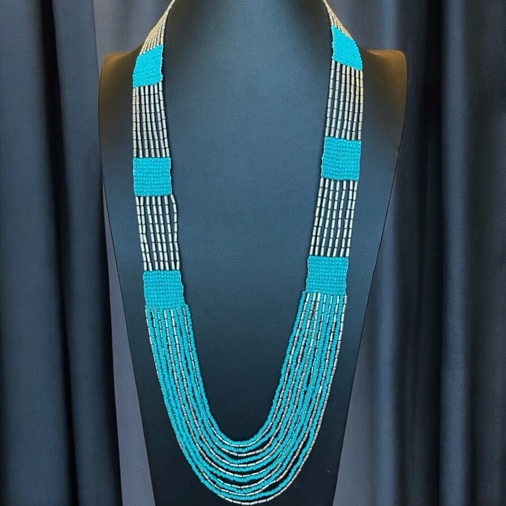 Vintage Turquoise Color & Silver Tone Multi Strand Bead Necklace Southwestern